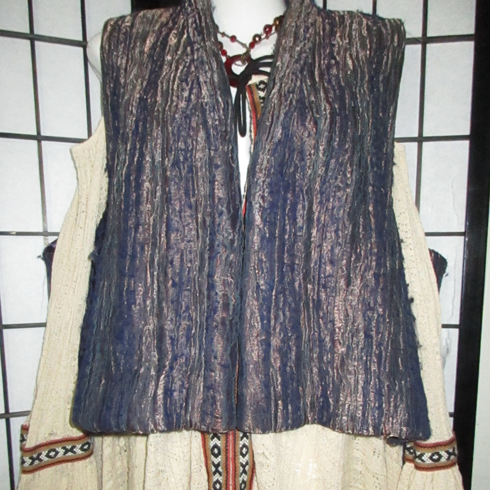 ESKANDAR WOOL SILK VEST METALLIC LAGENLOOK VEST OSFM L XL